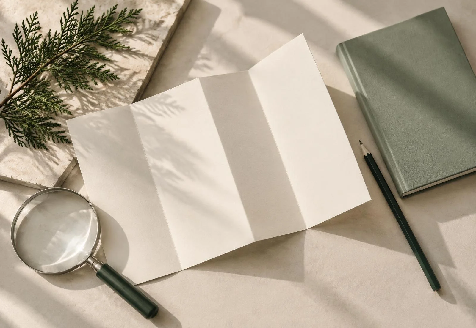 A folded guide, magnifier, notebook, pencil, and cedar sprig