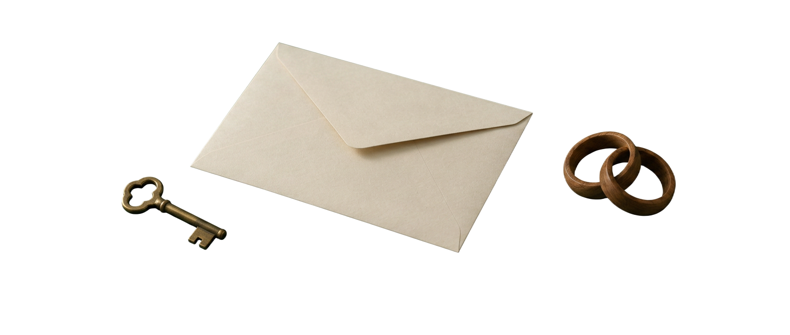 An ivory envelope, a brass key, and two wooden rings.