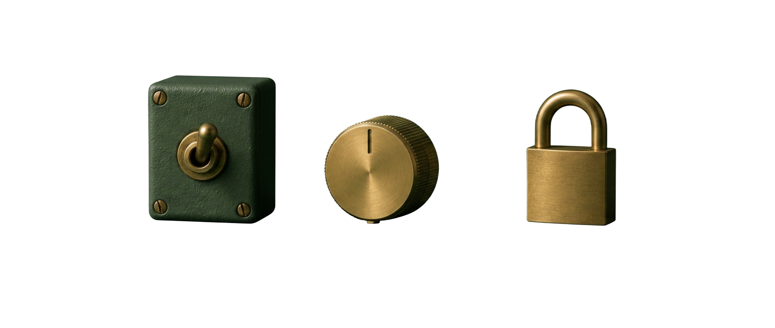 A toggle switch, a brass dial, and a small padlock.