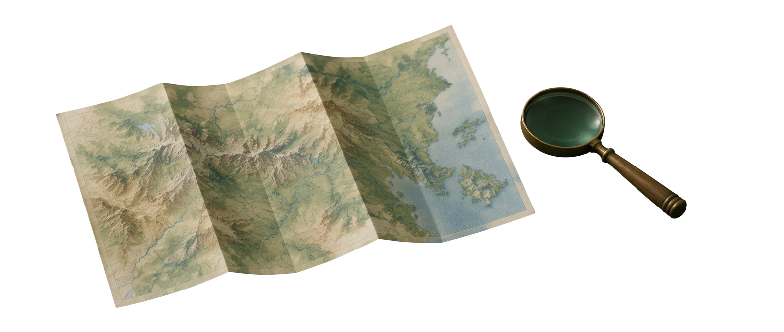 A folded paper map beside a brass magnifier.