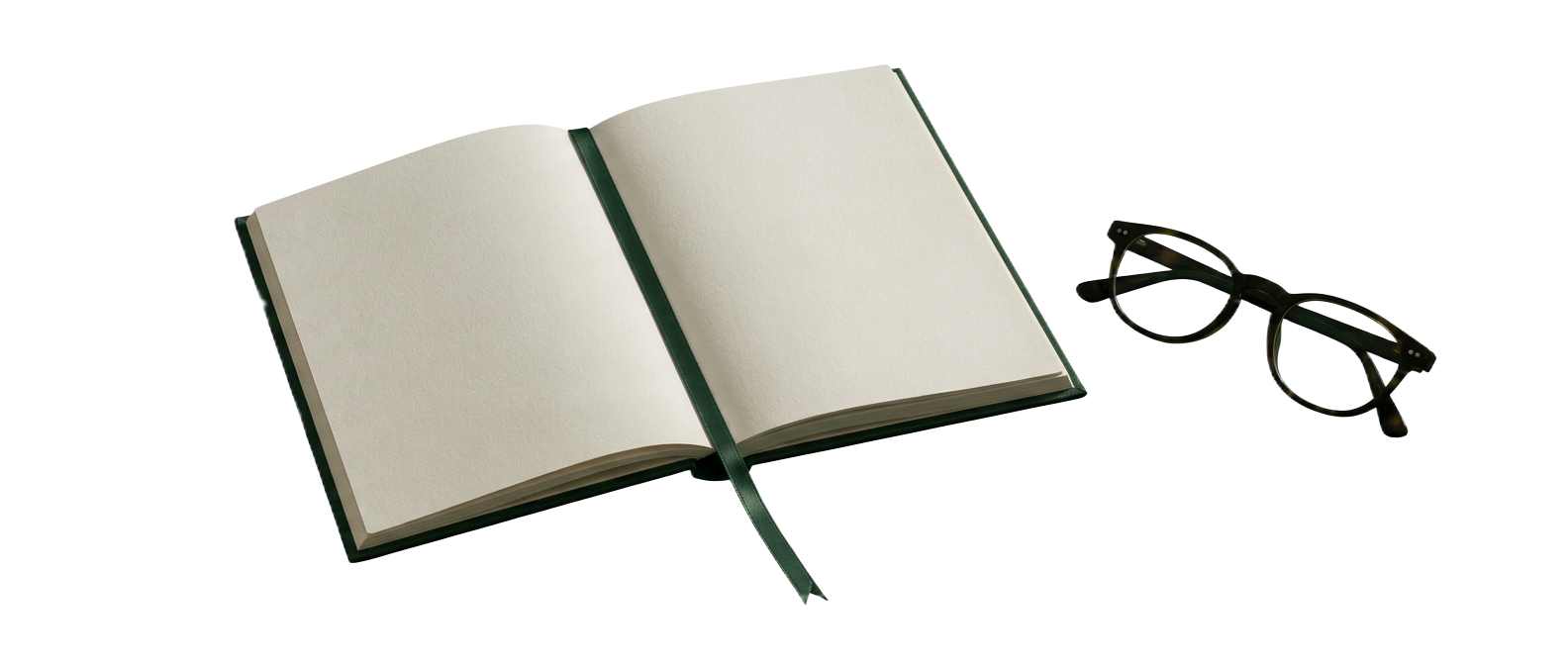 An open blank booklet with reading glasses.