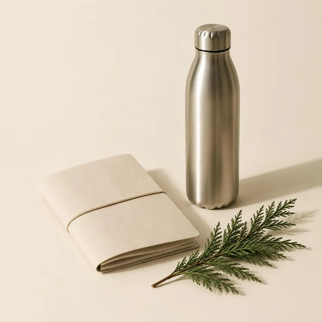 A paper journal, water bottle, and cedar sprig.