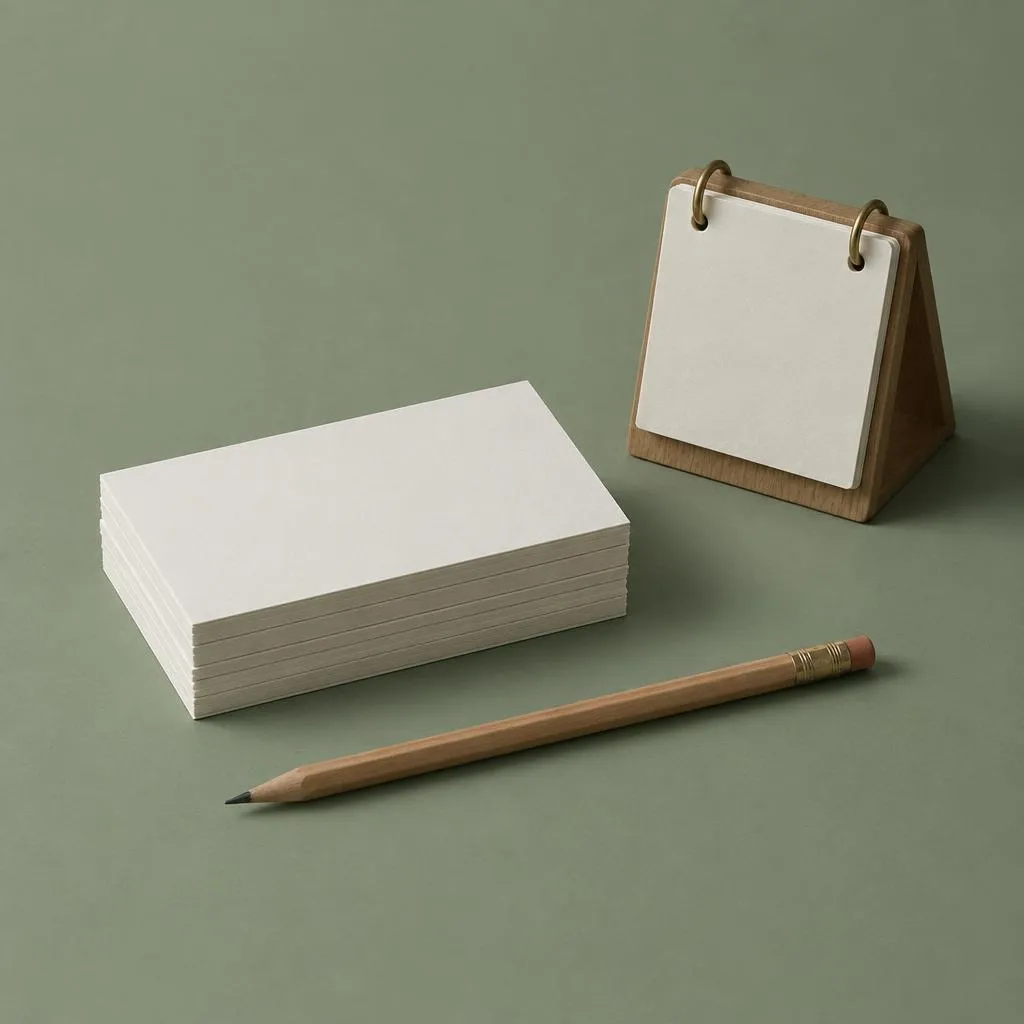 A stack of blank cards, a pencil, and a desk calendar block.