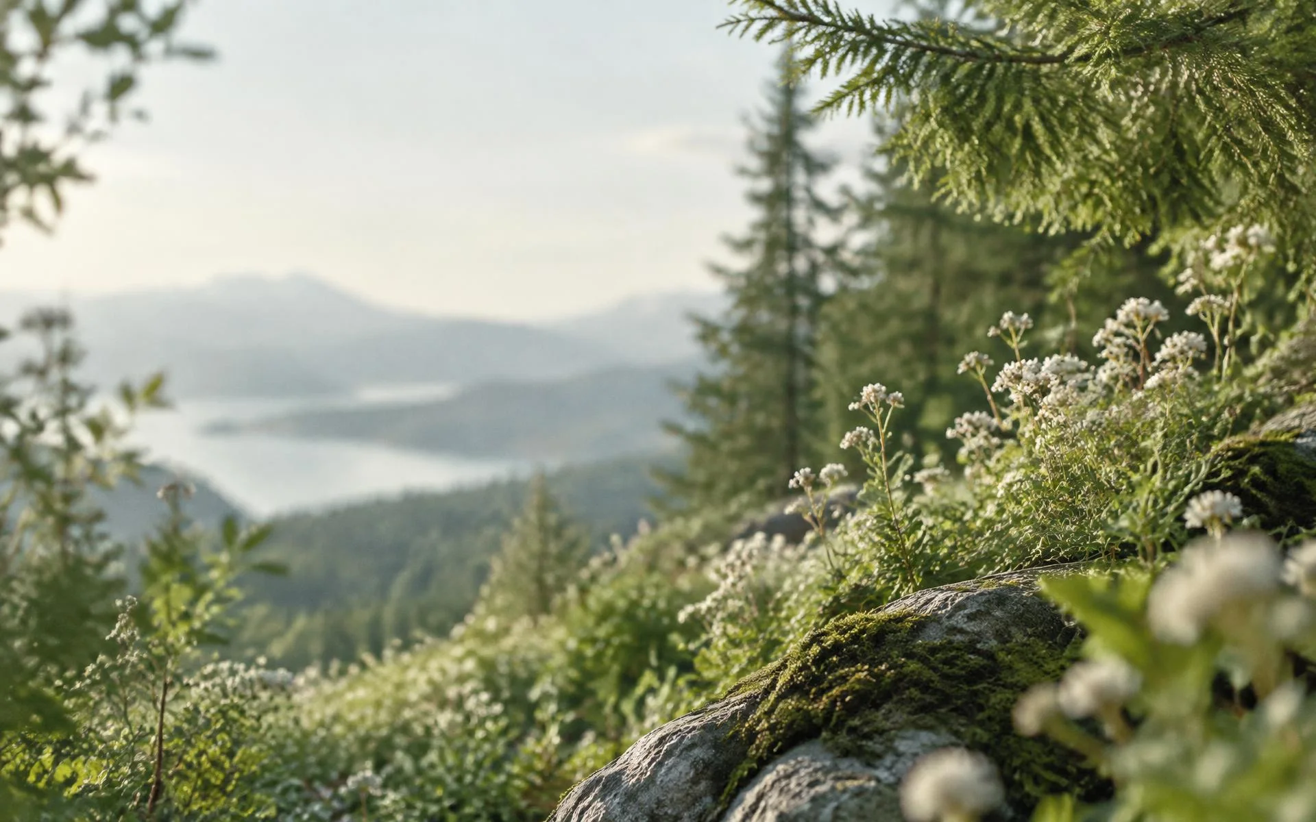 Cedar trees and wildflowers overlooking a calm mountain lake